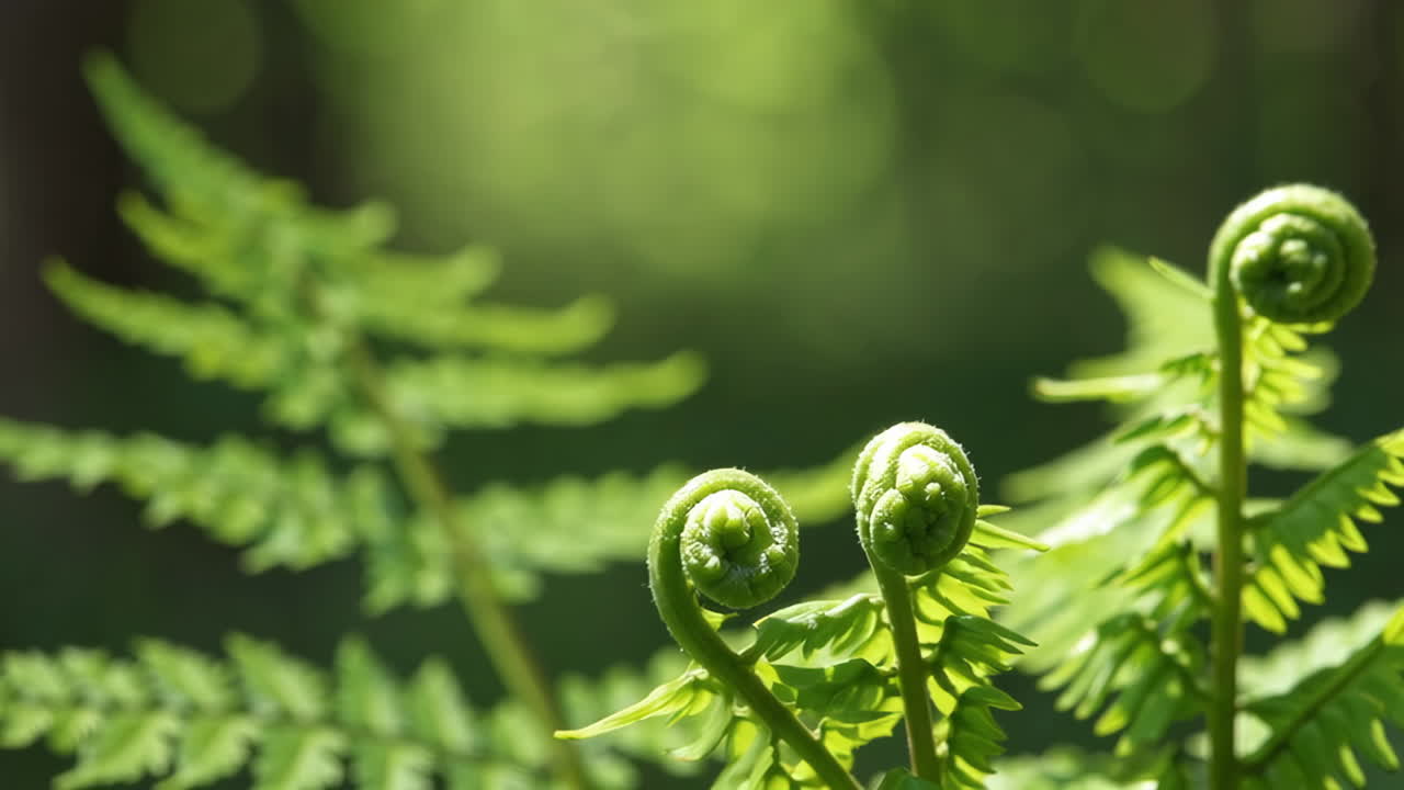 Close-up of Green Fiddlehead Ferns Unfurling in a Forest