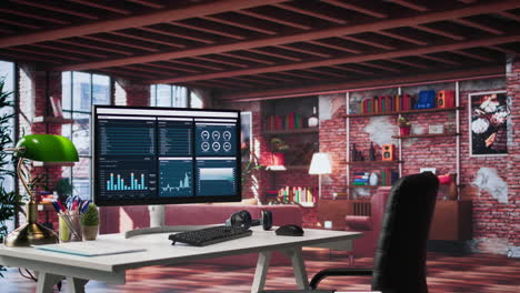 vertical video modern home office with desktop pc monitor displaying business analytics