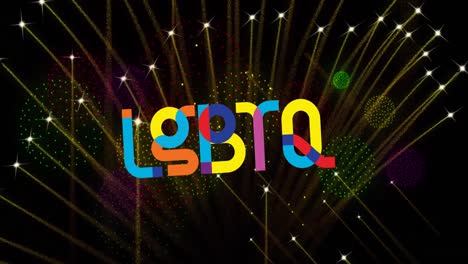 animación de orgullo texto lgbtq y fuegos artificiales explotando sobre fondo negro.