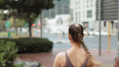 running couple, city fitness and road crosswalk