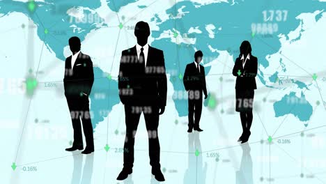 animation of numbers changing with black silhouettes of business people over world map on blue backg