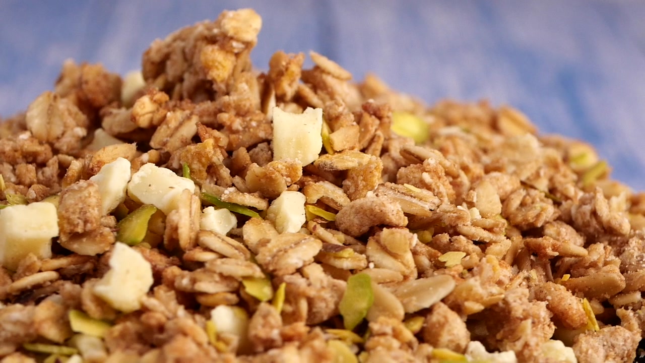 Close-up of Granola with White Chocolate and Pistachios