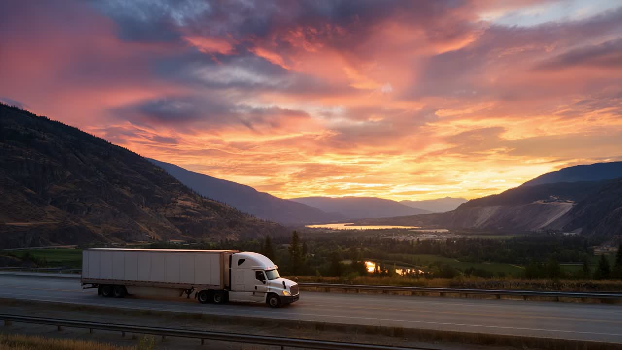 Majestic Sunset Over Scenic Highway with a Truck in Transit, Highlighting Nature's Beauty and the Journey of Transportation Amidst Vibrant Colors and Gorgeous Landscapes