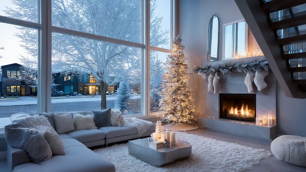 A Cozy Winter Living Room with a Glowing Fireplace, Adorned Christmas Tree, and Frosted Windows in Soft Blue Light, Creating a Warm and Inviting Atmosphere Perfect for Holiday Gatherings