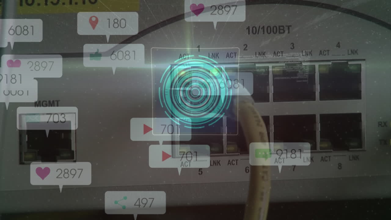 Animation of 6g text, social media icons on banners over scope scanning over computer server