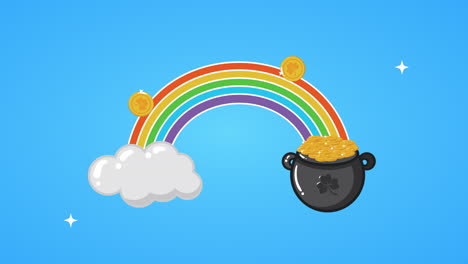 tarjeta animada del día de san patricio con arco iris y caldero del tesoro
