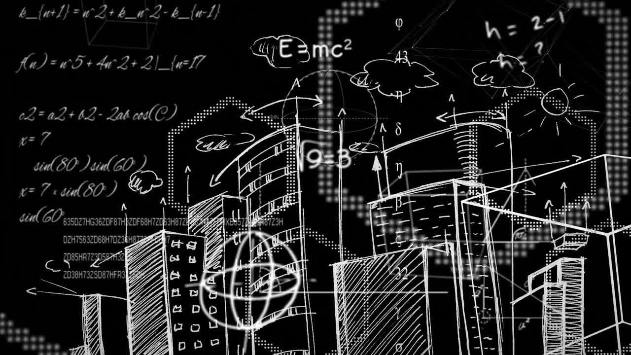 검은 바탕에 도시 풍경 스케치에 대해 떠다니는 수학 방정식과 공식