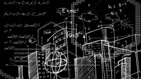 Mathematische-Gleichungen-Und-Formeln-Schweben-Vor-Einer-Stadtbildskizze-Auf-Schwarzem-Hintergrund