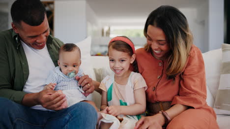 Happy-family,-baby-and-parents-with-kid-on-sofa