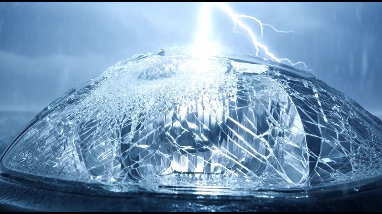 Broken Car Headlight Illuminated by Lightning During a Storm