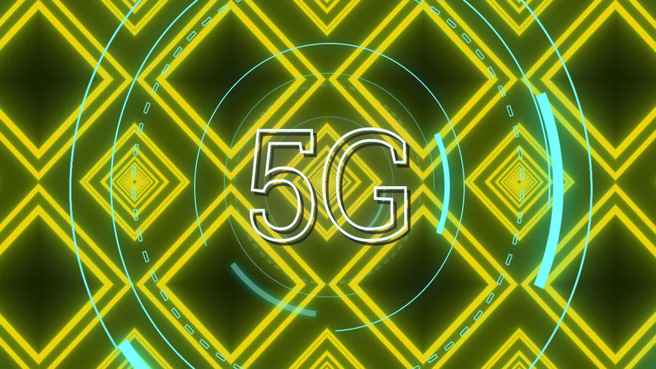 5g 텍스트의 애니메이션을 원형 스캐너에서 네온 칼레이도스코픽 패턴에 맞춰 시엄리스 패턴으로