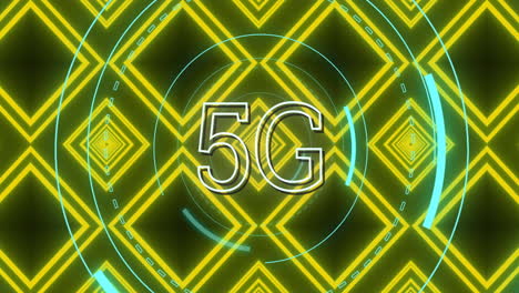 animación de texto de 5g sobre escáner redondo contra patrones caleidoscópicos de neón en un patrón sin costuras