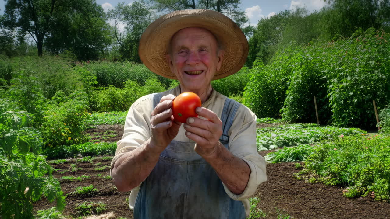 Happy elderly farmer holding a freshly picked tomato in his garden