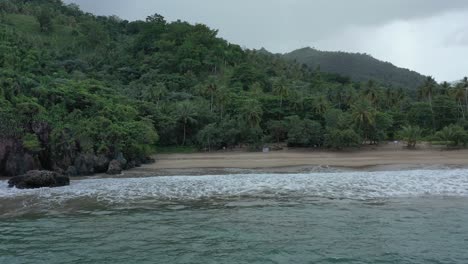 Aerial-descend-flight-towards-palm-trees-of-jungle-and-sandy-beach-with-reaching-waves-of-Caribbean-Sea-during-dark-day---Playa-ElValle,Dominican-Republic