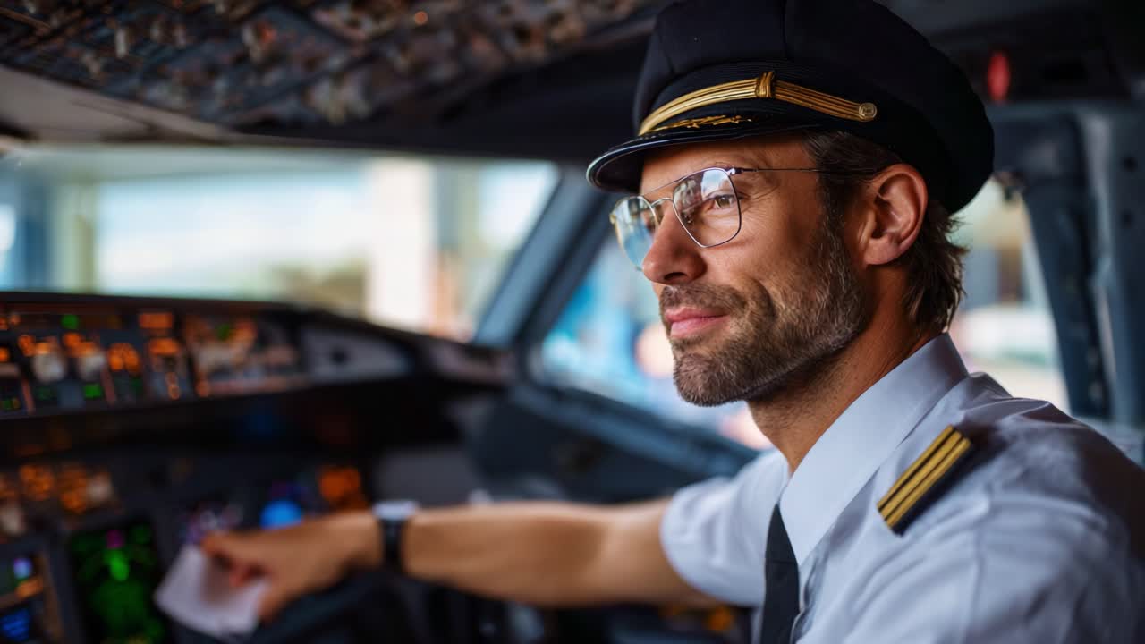 Un pilota sicuro di sé nella cabina di pilotaggio pronto al decollo: una dimostrazione di professionalità e competenza nel settore dell'aviazione con moderne attrezzature e strumenti per la cabina di pilotaggio