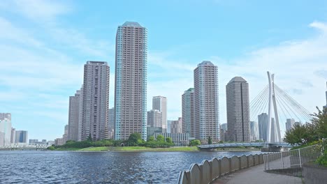 Sumidagawa-river-Tokyo,-pleasure-boat,-Tsukuda-Bay-area