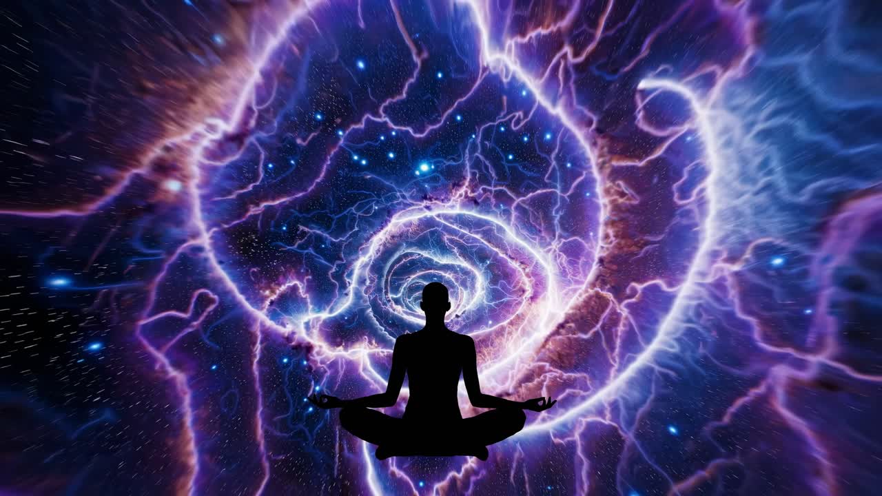Silhouette of a person meditating in a cosmic, swirling galaxy