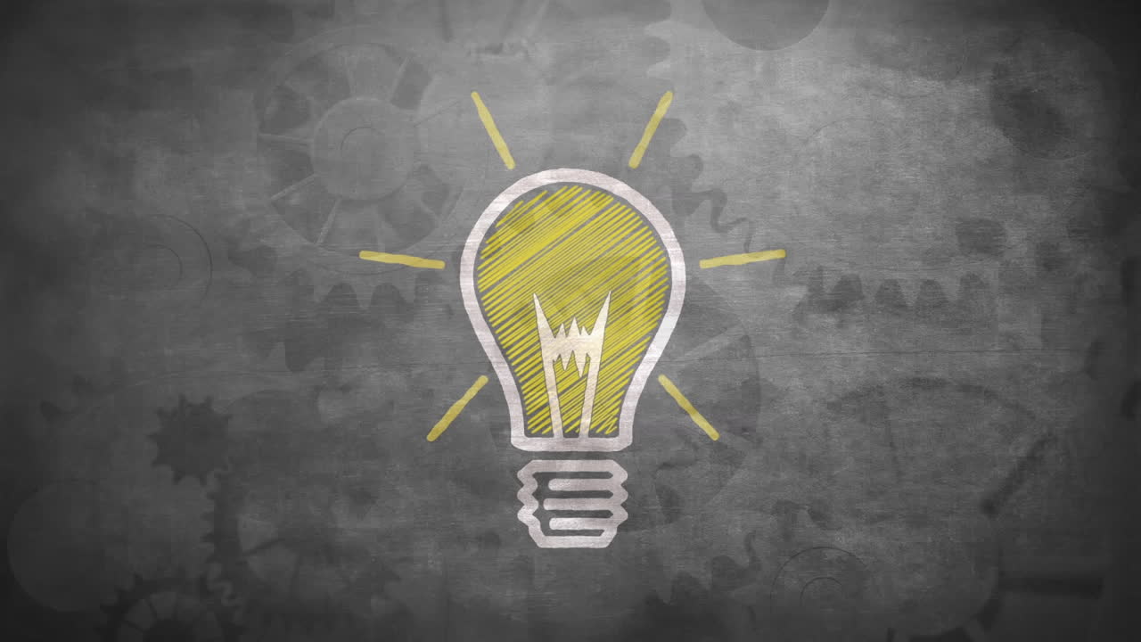 animación de una bombilla con engranajes en movimiento en el fondo