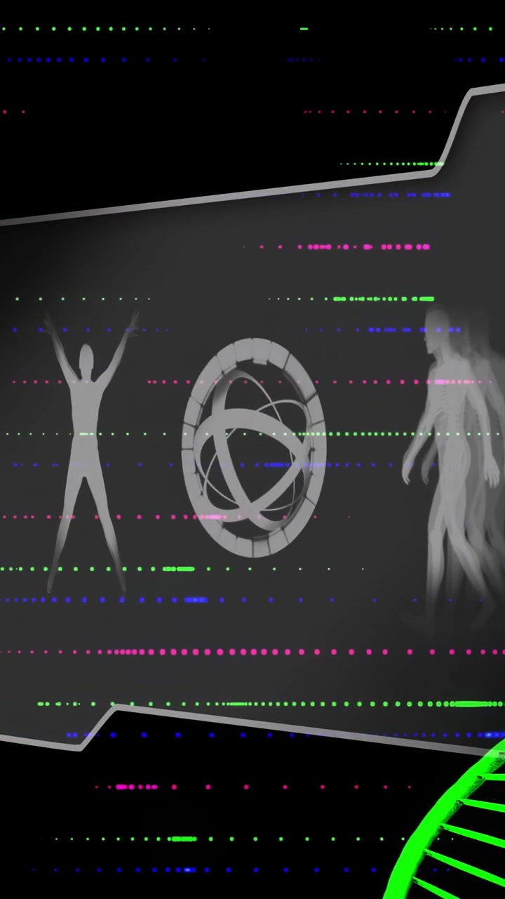 Vertical video: Scan starting, panel showing spinning orb and shifting forms, DNA entering for HUD