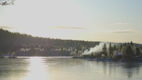 smoke and fire in a forest near a lake. lake landscape on a sunny day and smoke coming up from the trees.