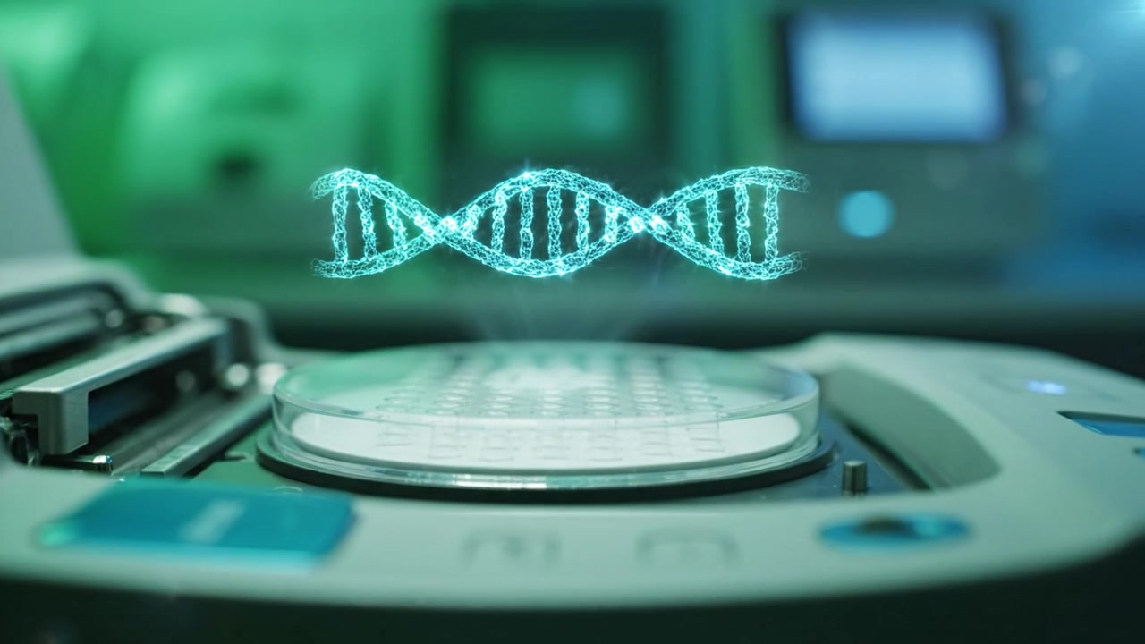 Advanced laboratory equipment showcasing a petri dish with holographic DNA chain representation, illustrating modern biotechnology and scientific research innovations.