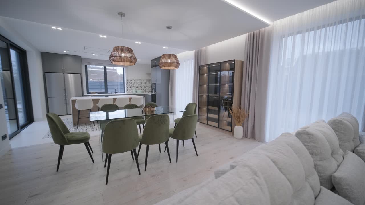 Video of interior room design and decoration modern minimal style living and dining area studio apartment.