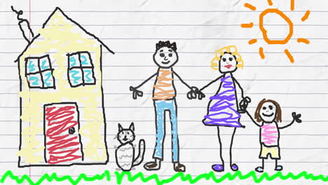 animação de um casal desenhado à mão com a filha e o gato ao lado da casa e do sol em papel alinhado