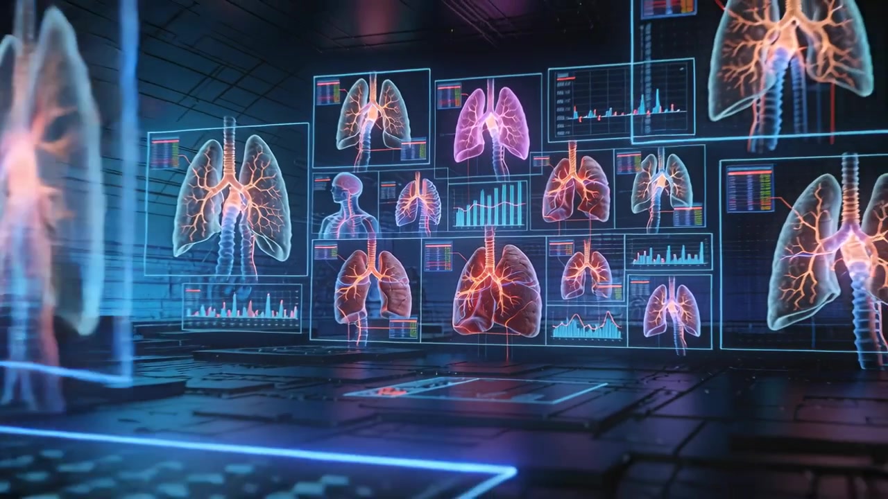 Pulling back camera, holographic lungs rescaling and pulsing in visualization chamber for analysis