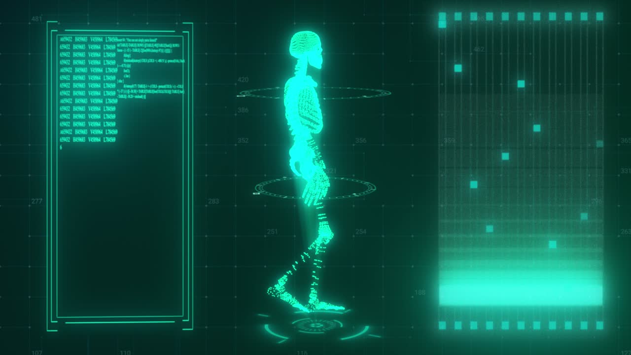 concepto tecnológico. modelo 3d de un esqueleto caminando en el fondo de la tecnología. color verde. animación 3d