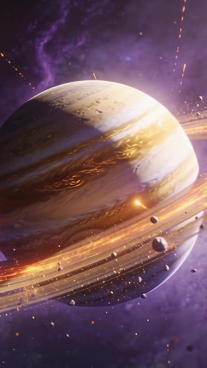 Vertical video: Camera panning ringed gas giant revealing glowing streaks in space, showing debris