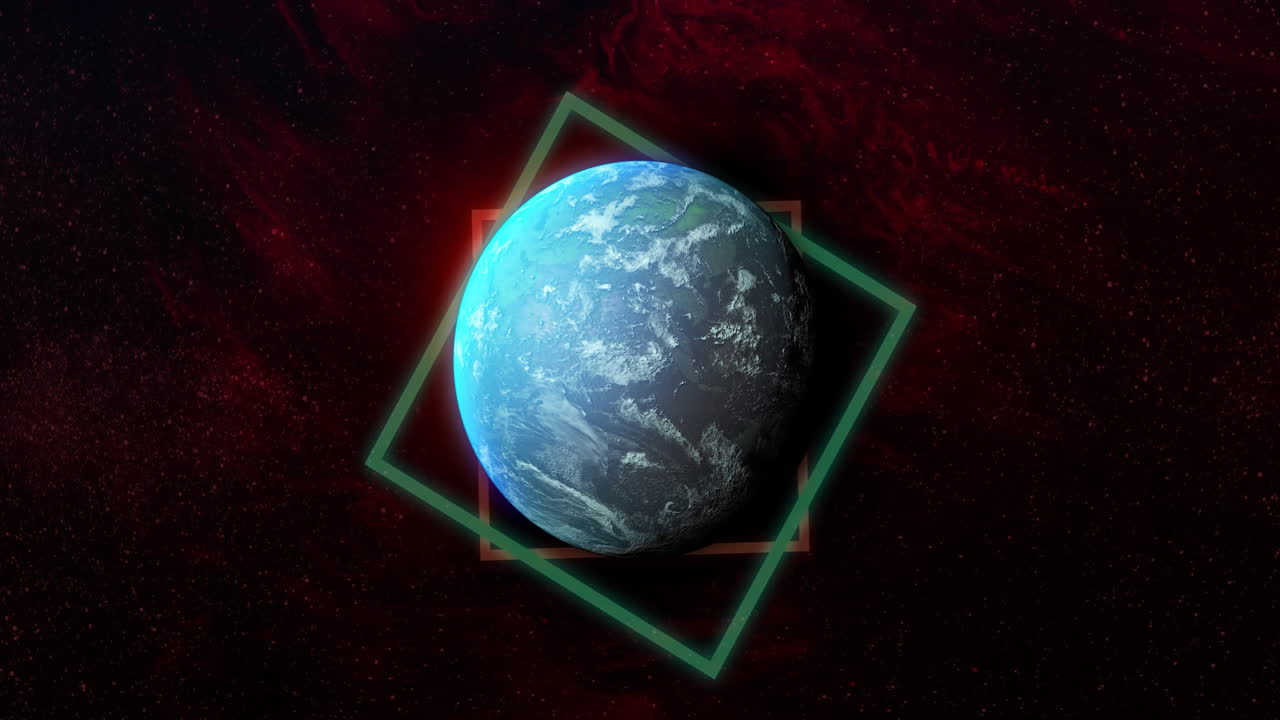 Animation of colourful shapes over planet on sky with stars