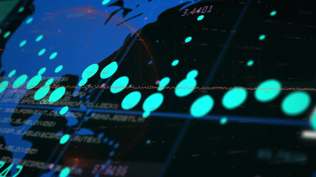 어두운 배경에 있는 세계 지도 위의 금융 데이터 처리 애니메이션