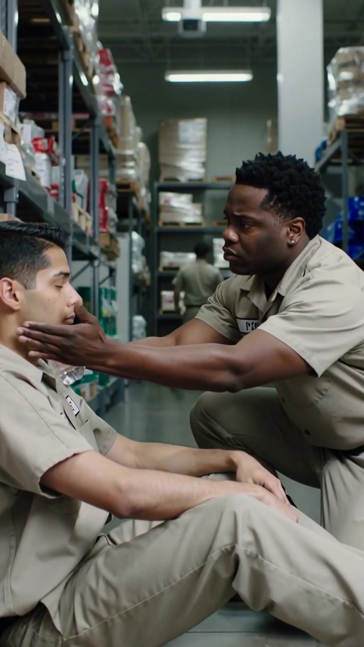 Vertical video: Finding dazed man in khaki kneeling worker giving water checking pulse in warehouse