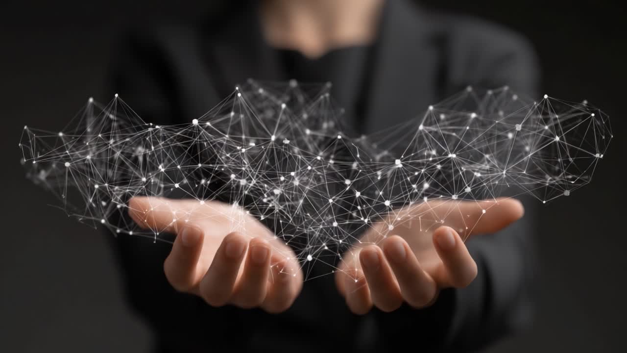 Una persona mostra tra le mani una complessa rete di linee e nodi interconnessi, che simboleggia la connettività dei dati e concetti di tecnologia avanzata in un ambiente visivo elegante e moderno.