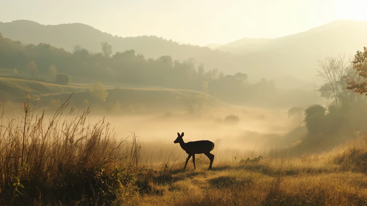 White tailed deer standing in a foggy field at sunrise, with rolling hills and trees in the background, creating a serene and peaceful autumn landscape