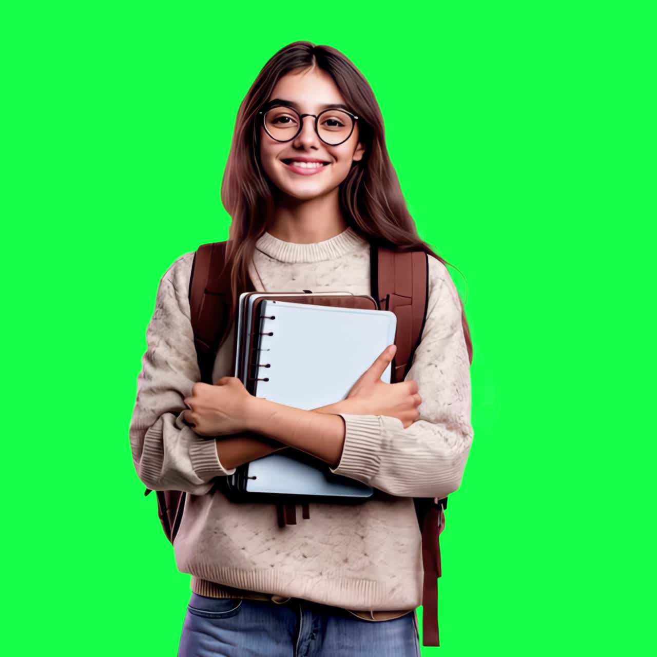 Animazione di studente sorridente con libri all'aperto, video 4K trasparente, green screen