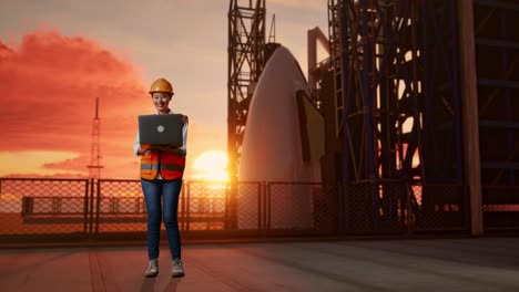 full body of asian female engineer with safety helmet working on a laptop while standing with space shuttle, sunset time
