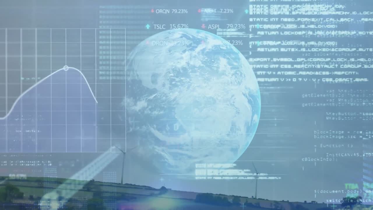 Animation of financial data processing over wind turbine