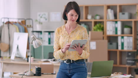 Fashion-designer,-woman-and-tablet-for-office