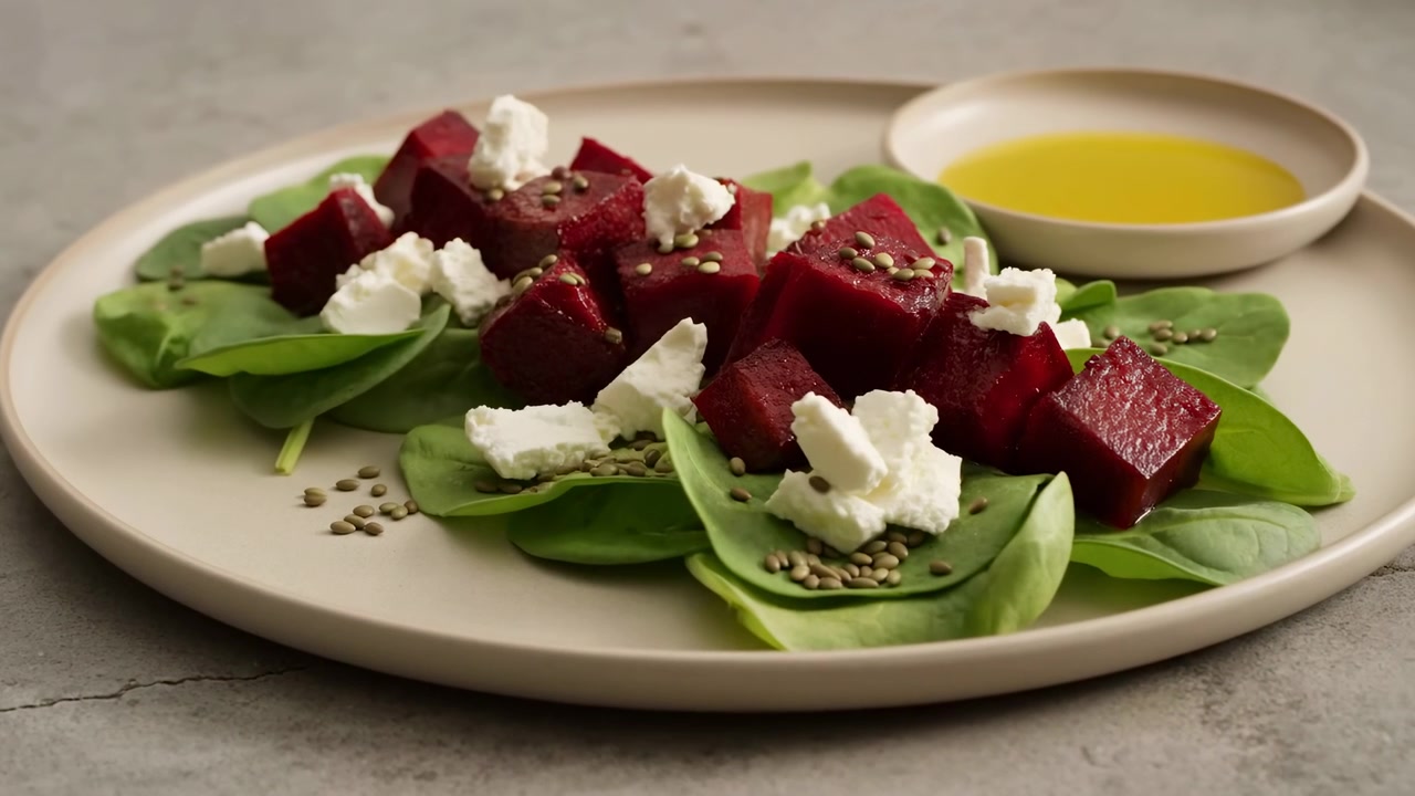 Close view shows deep red beetroot pieces layered over leafy greens with white cheese and seeds, while golden dressing sits in a small bowl on a neutral tabletop.