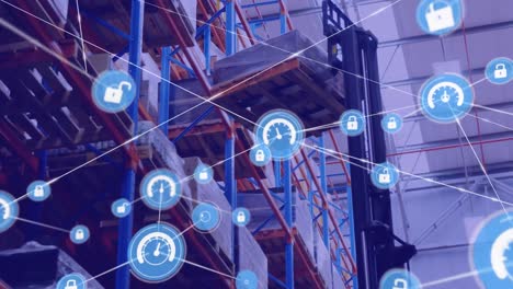red de iconos digitales contra la máquina de carretilla elevadora que mueve paquetes en el almacén