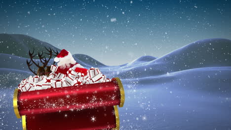 animation of santa claus in sleigh with christmas gifts and snow falling in winter landscape