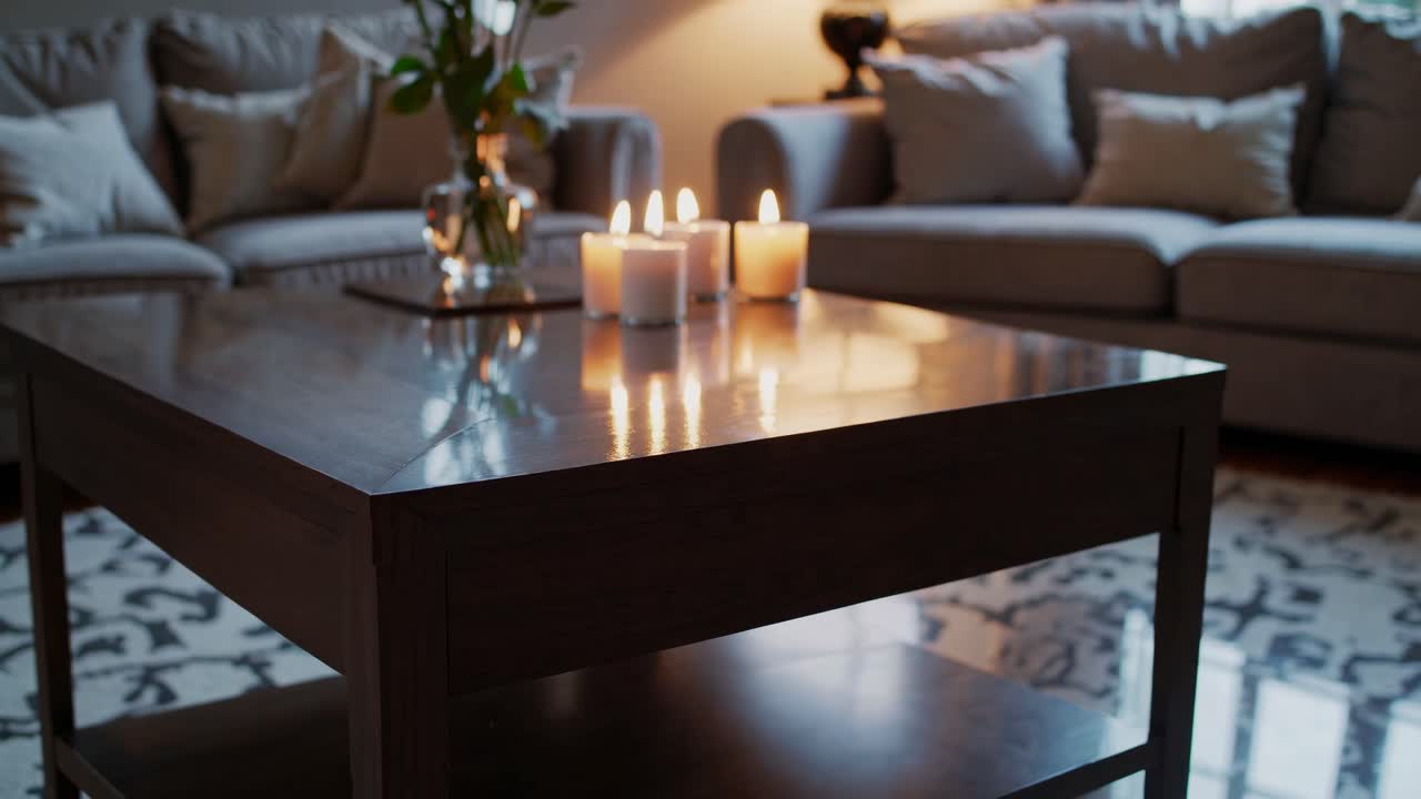Cozy living room video with a low-angle shot of a wooden table, candles, and flowers