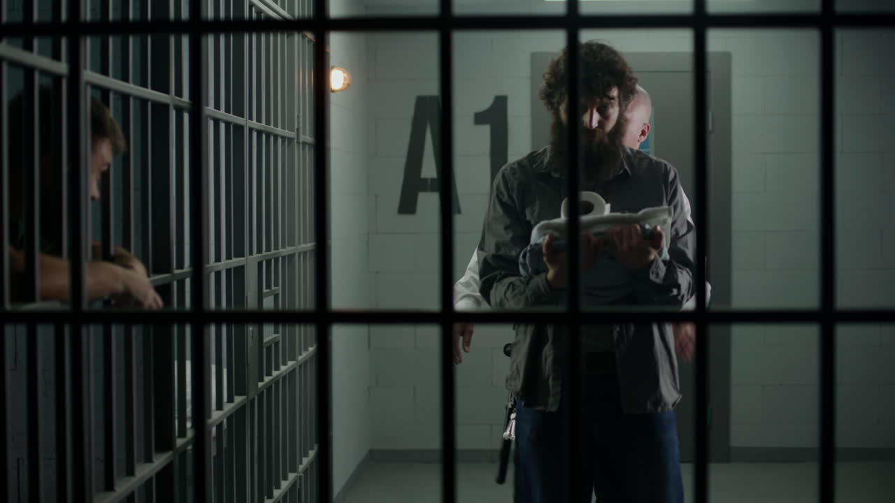 el oficial de la prisión lleva al criminal a la celda de la cárcel y la abre con las llaves.