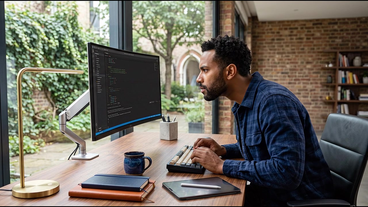 Business professional working on laptop in bright office with natural lighting