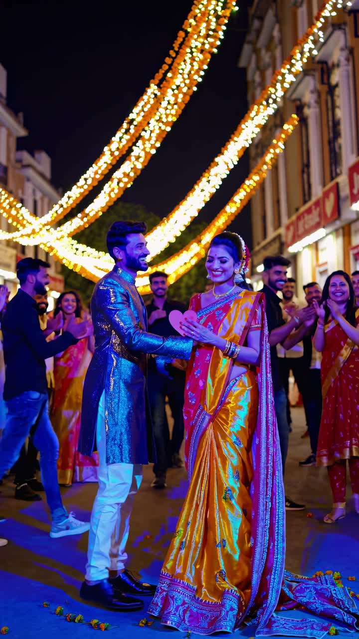 atmósfera festiva durante la celebración del día de san valentín en la india, una pareja intercambiando regalos rodeada de amigos y familiares, con luces decorativas que iluminan la noche