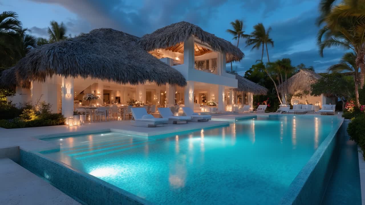 A Serene Evening at a Luxurious Tropical Villa: Beautifully Lit Pool and Exquisite Architecture Surrounded by Lush Palm Trees under a Starry Sky