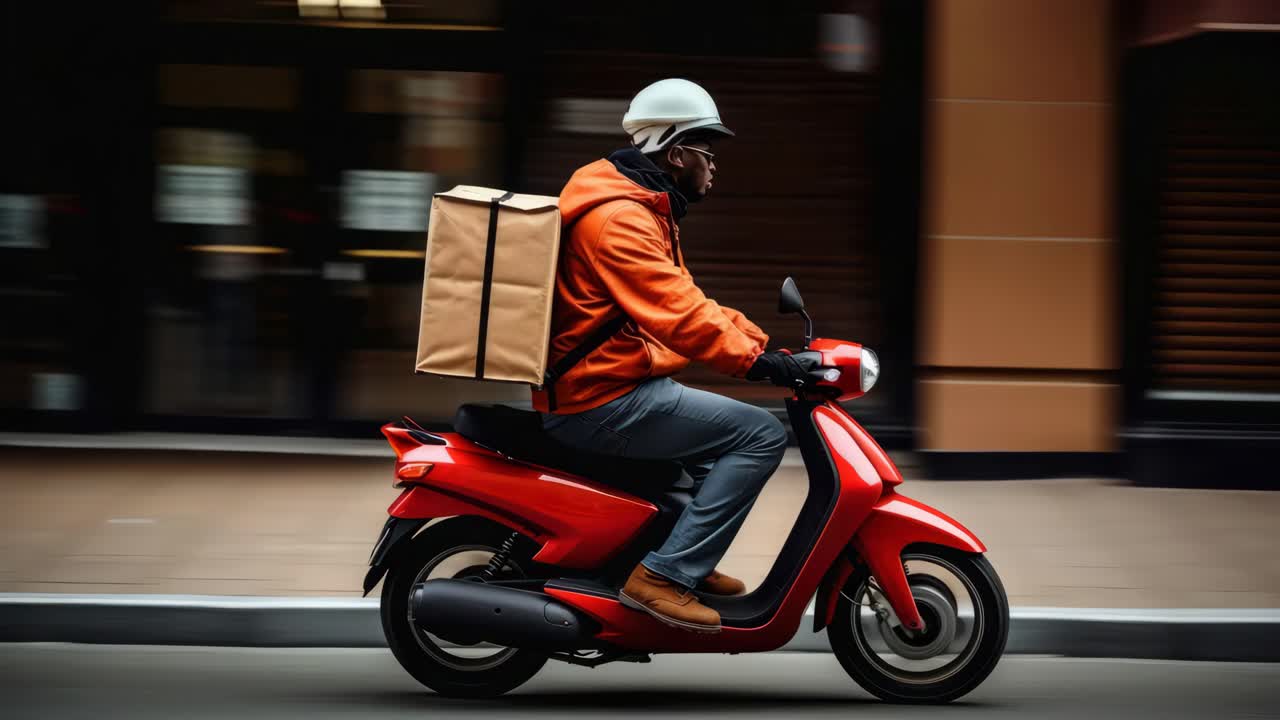 Side view of a delivery person on a red scooter, wearing a helmet and orange jacket