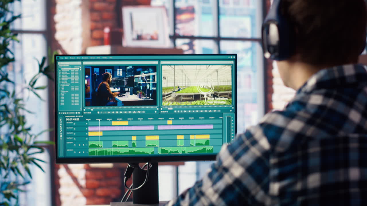 원시 영상을 폴리시하고 오디오 품질을 향상시키기 위해 헤드폰을 착용한 비디오 편집자