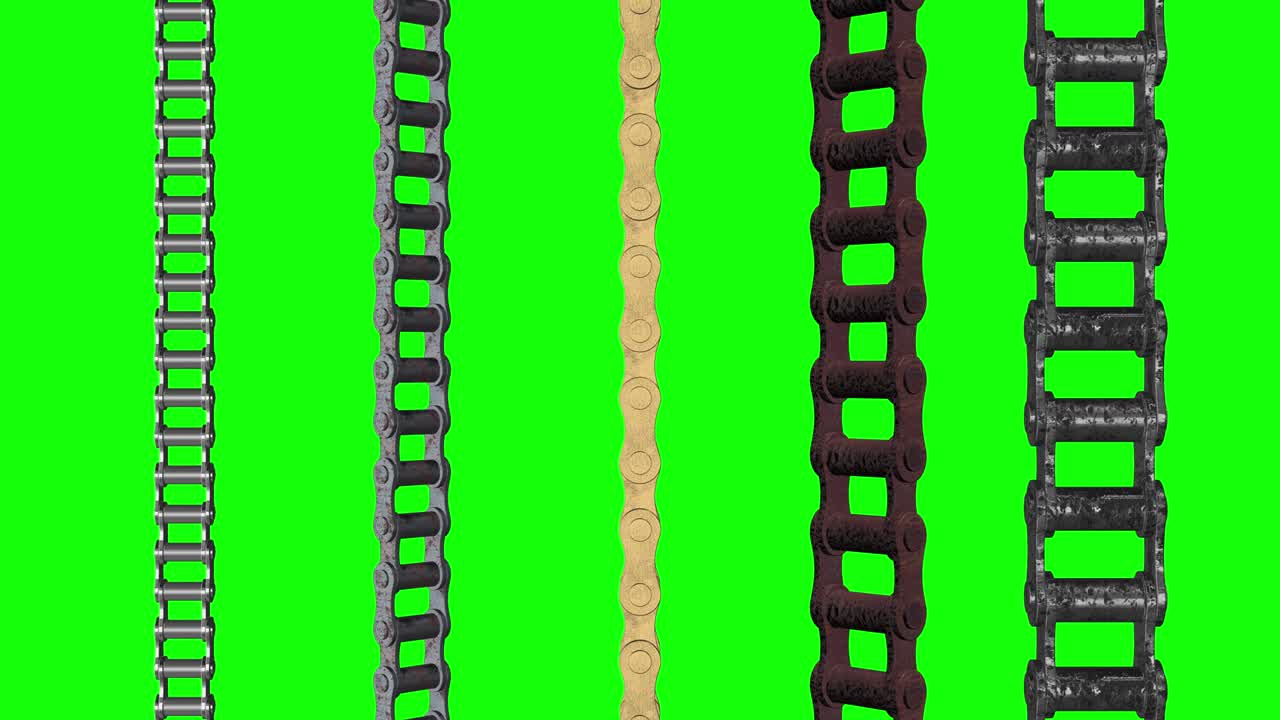 5 개의 다른 강철 엔진 체인이 녹색 화면 루프 애니메이션 3d에서 타이밍
